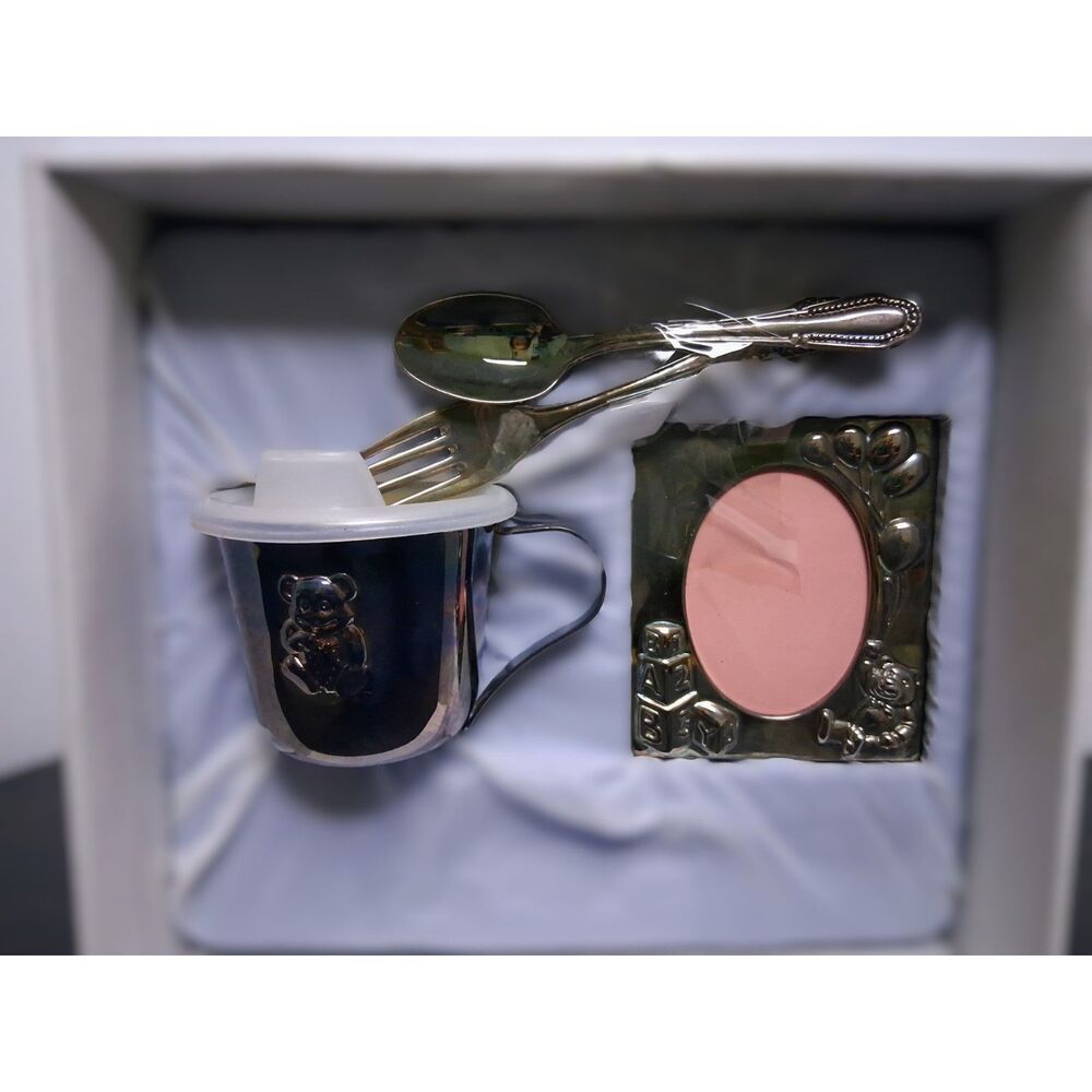 Elegance Silver Silver-Plated Baby Gift Set Teddy Sippy Cup, Frame, Fork Spoon